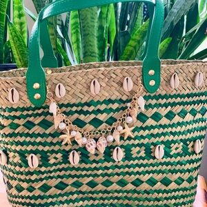 Green and Natural Straw Tote Bag with Shell Accents